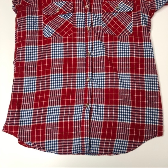 NEVADA Red White & Navy Plaid Button-up Flannel Lumberjack Pocket Hoodie Shirt - Picture 8 of 11